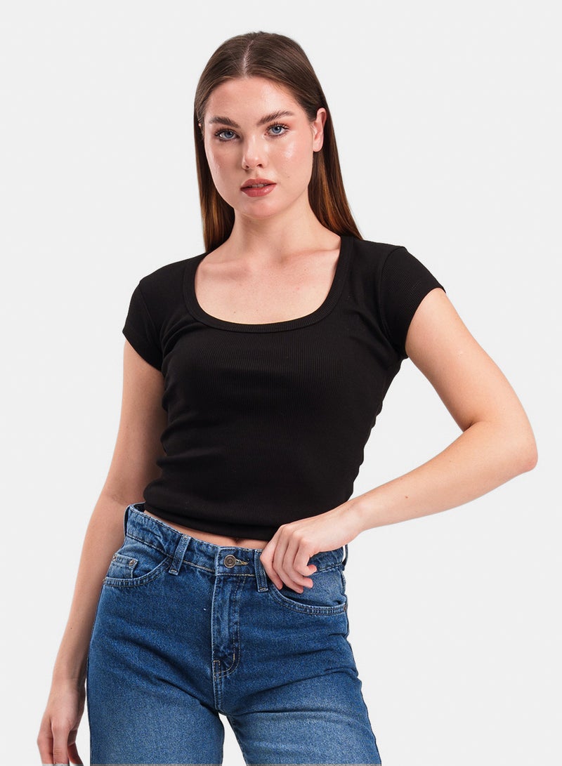 Ribbed U-Shaped Short Sleeve Top